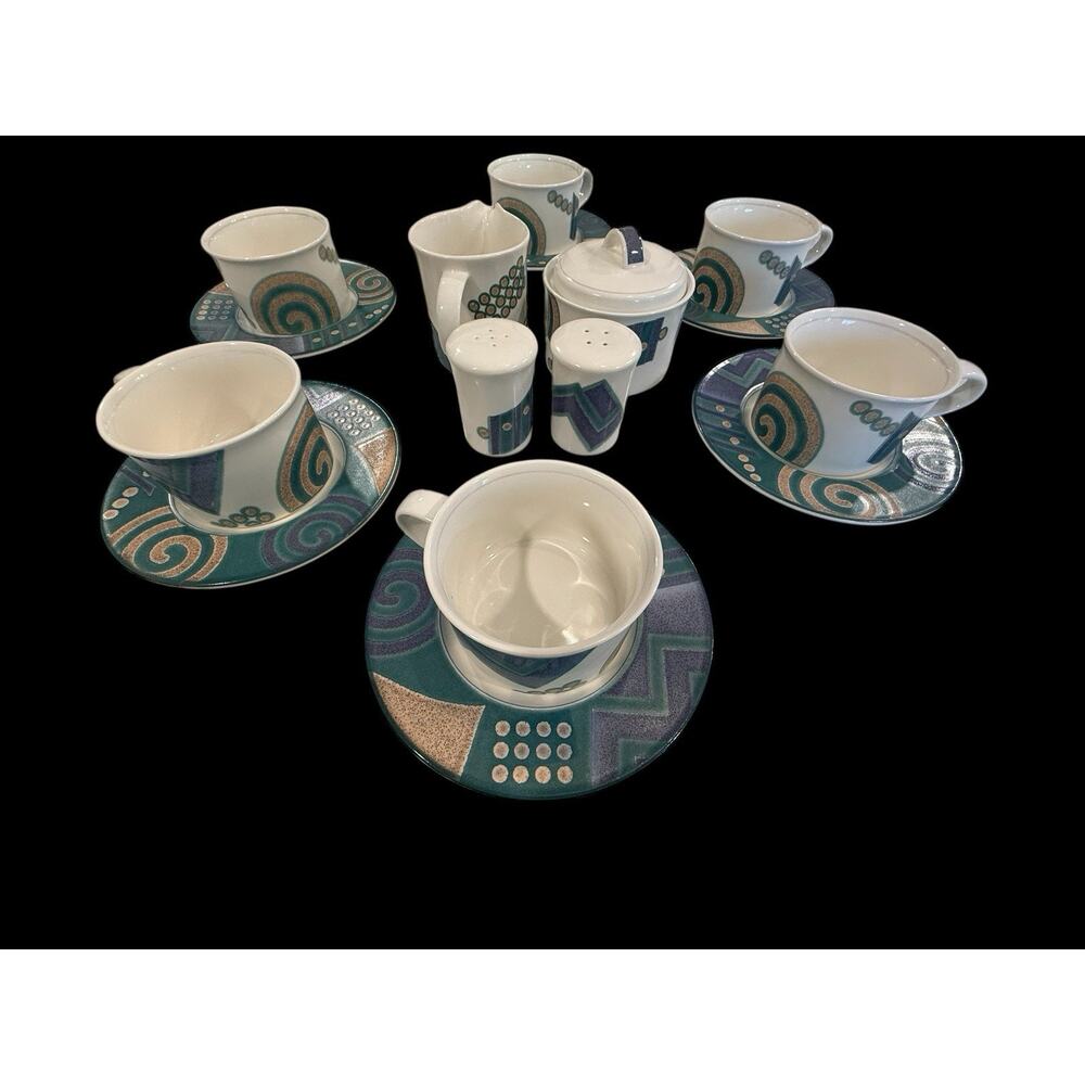 Mikasa Intaglio Vintage Tea Set Geometric Pattern Cups Saucers Sugar Creamer S&P